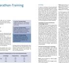 Logo: "14. Marathon-Training"

Texte beschreiben Anforderungen an das Marathontraining, Trainingsinhalte und Trainingsumfang in Prozent. Tabellen und Absätze geben strukturierte Informationen für Läuferanfänger und Fortgeschrittene sowie Details zu Laufphasen.