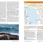 Texte: "Warten auf einen neuen Weltrekord der Surfer vor Nazaré"; "Nazaré"; "ÜBERNACHTUNG"; "Magic"; "Essen und Unterhaltung"; "TRANSPORT".

Bildbeschreibung: Viele Menschen schauen von einer Küste auf riesige Wellen im Meer. Rechts oben ist eine Karte.