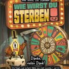 Text: "Wie wirst du sterben?", "Danke, vielen Dank!" Spielshow-Design mit einem Glücksrad und einer Cartoon-Figur.