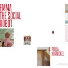 Links steht „EMMA THE SOCIAL ROBOT“. Rechts diskutiert ein Text Pflegeheimprobleme und Roboternutzung. Fotos zeigen eine ältere Frau, Wasserflaschen und Möbel. Unten steht „PAULA HORNICKEL“.