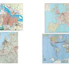 Links oben: Stadtplan Antwerpen. Rechts oben: Karte von Europa. Rechts unten: Weltkarte. Links unten: Karte von Belgien.
