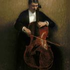 Gemälde eines Cellisten in Anzug, der konzentriert spielt.