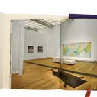 Seite 35. Innenansicht einer Galerie mit kunstvollen Gemälden an den Wänden und einer Figur am Boden.