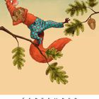 September-Kalender: Ein Eichhörnchen mit Karohose hält Eicheln, balanciert auf Ästen mit Eichenblättern.