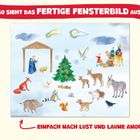 "SO SIEHT DAS FERTIGE FENSTERBILD AUS", darunter eine Krippenszene mit Tieren und Figuren vor einem Weihnachtsbaum.