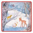 Keine Texte. Illustration: Ein Reh und ein Schaf im verschneiten Wald; Vogel, Hund, Vogel im Baum.