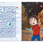 "Felix und Olivia wollen auf dem schnellsten Weg zurück ins Warme. Weißt du, welcher Weg die beiden zu dem geheimnisvollen Licht führt?" Links Labyrinth mit blauen Monstern, rechts ein beleuchtetes Fachwerkhaus und zwei Kinder im Schnee.