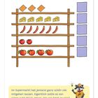 Text: "Im Supermarkt hat jemand ganz schön viel mitgehen lassen. Eigentlich sollte es von allem acht Stück geben. Wie viel fehlt jeweils?"

Illustration eines Regals mit weniger Keksen, Käse, Würstchen und Tomaten als vorgesehen. Ein Waschbär zeigt auf.
