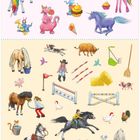 Illustration mit Einhörnern, Ponys, Regenbogen. Kinder, die auf Pferden reiten. Hüte, Hühner und landwirtschaftliche Motive.