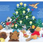 Links steht ein Text über Tiere, die zu einem Weihnachtsfest kommen. Rechts ist ein Gedicht über Freunde. Dazwischen feiern Tiere um einen geschmückten Weihnachtsbaum.