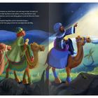 Drei Sterndeuter auf Kamelen folgen einem hellen Stern. Sie tragen bunte Gewänder und bringen Geschenke.