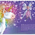 Text: „Wie schön“, sagt Fi, die neben den beiden Freundinnen aufgetaucht ist. Illustration: Einhorn mit Regenbogenmähne, Feen fliegen im Schnee.