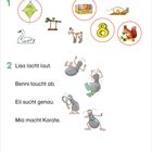 „Lösungen“: Zahlen, Tiere, und ein fliegender Drache. Ameisen: lachend, tauchend, suchend, Karate machend.