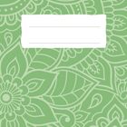 Zwei leere Linien auf weißem Rechteck, grüner Hintergrund mit floralen Mustern und Paisley-Motiven.