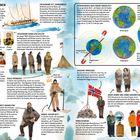 "ANTARKTISFORSCHER*INNEN" steht oben. Texte beschreiben Entdeckungsreisen in die Antarktis, geografische Konzepte und Expeditionen. Illustrationen zeigen historische Figuren, Schiffe, Karten und Polarforscher.