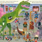 Ohren auf! Jetzt ist Zeit für Musik – welches Instrument möchtest du? Ein großer grüner Saurier tanzt neben einem rosa Elefanten.