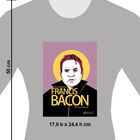 Text: „FRANCIS BACON, The Story of his Life“. Illustration eines Mannes mit einem gelben Kreis im Hintergrund auf einem grauen T-Shirt.