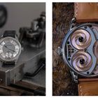 Links: Zifferblatt einer Uhr mit "Soprana" und Zeigern. Rechts: Rückseite, zeigt komplexe mechanische Teile.