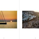 Links: Segelboot bei Sonnenuntergang auf dem Meer. Rechts: Weißer Ort auf felsiger Klippe bei Sonnenaufgang.