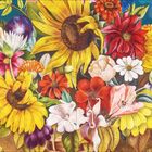 Eine bunte Illustration mit Sonnenblumen, Rosen, Gänseblümchen und anderen Blumen auf einem dunkelblauen Hintergrund.