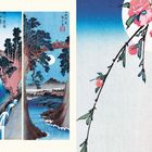 Links: Japanische Schriftzeichen. Ukiyo-e-Druck mit Brücken, Bäumen und Fluss bei Mondschein. Rechts: Rosa Blütenzweige.