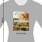 Text "BRUEGEL" und "17 b x 21 h cm". Illustration der Turmbau von Babel auf grauem T-Shirt.