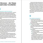 Linke Seite:

- "Odysseus – der Mann und seine Geschichte"
- "1 ODYSSEUS UND DIE ODYSSEE"
- Text erklärt komplexen Aufbau der Odyssee und Iliade.

Rechte Seite:

- "2 WAS WIRD WO ERZÄHLT?"
- Nummerierte Liste von Themen und Ereignissen der Odyssee.