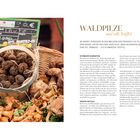 Preisschild: "3.2€". Produkt: "Truffe". Herkunft: "pays". Korb mit Trüffeln, umgeben von Pilzen. Text: "Waldpilze und edle Trüffel".