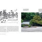 Links: Historische Zeichnung eines Gartens mit Bäumen und Bergen. Rechts: Foto eines Zen-Gartens mit grünem Baum und Kieselweg.