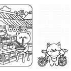 Ein Bär isst mit Stäbchen Nudeln an einem Stand; ein anderes Tier hält ein Eis neben einem Fahrrad. Süße Cartoon-Illustration.
