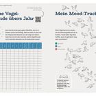 "Meine Vogelfreunde übers Jahr" links, "Mein Mood-Tracker" rechts. Tabelle für Vögel, Stimmungstracker mit Vogelzeichnungen.