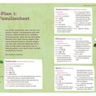 Beet-Plan 1: das Familienbeet. Enthält Informationen zu Zuckererbsen, Pflücksalat, Radieschen und Spinat mit Anbauhinweisen.