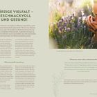 **Würzige Vielfalt – Geschmacks­voll und gesund!** Text über ätherische Öle und Pflanzen, neben einem Foto einer Frau, die Lavendel riecht.