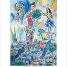 Illustration mit bunten Figuren, darunter eine große Person mit Blumen, eine Tänzerin, ein Pferd und der Eiffelturm im Hintergrund.