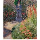 Kalenderblatt April. Illustration: Frau mit grünem Regenschirm im Garten, von Blumen umgeben, impressionistischer Stil.