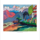 Illustration eines Bergdorfes in lebhaften Farben, mit Bergen, Bäumen und einem Gebäude im Vordergrund.