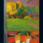 Eine Kalenderseite für April 2021; darunter ein Gemälde: Zwei Frauen in tropischer Landschaft.