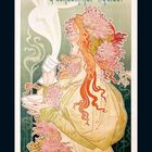 "Cacao Van Houten" in großen roten Buchstaben. Eine Frau mit Blumen im Haar trinkt aus einer dampfenden Tasse.