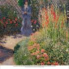 Kalender, April 2017. Impressionistisches Gemälde einer Person mit grünem Schirm in einem blühenden Garten mit roten Blumen.