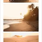 Kalenderblatt für April 2021 mit drei Bildern: Muschel im Sand, Strand mit Palmen, Surfbrett im Sonnenuntergang.