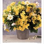 Kalender April 2027, gelbe und weiße Blumen in einem Metalltopf vor grauem Hintergrund.