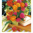 April 2027, Montag bis Sonntag, Kalender. Buntes Blumenbouquet in gelben, rosa und orangefarbenen Tönen.
