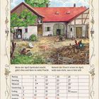 „April 2027.“ Bauernhofszene mit Tieren. Kalenderblätter und Sprüche: „Wenn der April Spektakel macht...“