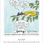 Dialog zwischen Vögeln auf Ästen, die über ein Nest sprechen. Kalenderblatt und Widder-Zitat darunter.