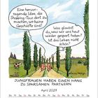 Zwei Personen gehen auf einem Weg ohne Geschäfte. Text: "Jungfrauen haben einen Hang zu sparsamen Partnern". April 2027.