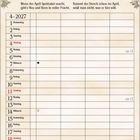 Kalenderseite April 2027. Illustration eines Bauernhofs mit Tieren und Menschen bei der Arbeit im Hof.