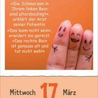 „Die Schmerzen in Ihrem linken Bein sind altersbedingt“, erklärt der Arzt. Drei Finger mit Gesichtern gemalt, Datum: Mittwoch, 17. März.
