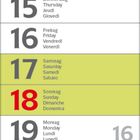 Kalender von April 2027. Sonntage in Rot, Samstage in hellgrün. Zahlen und Wochentage auf Deutsch, Englisch, Französisch, und weiteren.