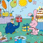 Kalender mit Zahlen von 1 bis 30. Illustration: Ein Hase und Elefant feiern, umgeben von Geschenken und Partydekoration.
