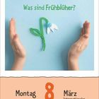 „Was sind Frühblüher?“ Montag, 8. März, Internationaler Frauentag. Illustration: Hände halten eine Blume aus Bastelmaterial.